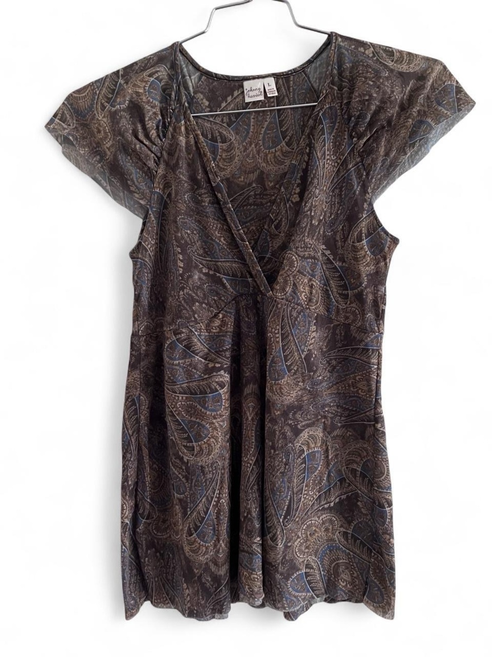 Johnny Heaven brown paisley stretchy mesh blouse flutter cap sleeves - Large